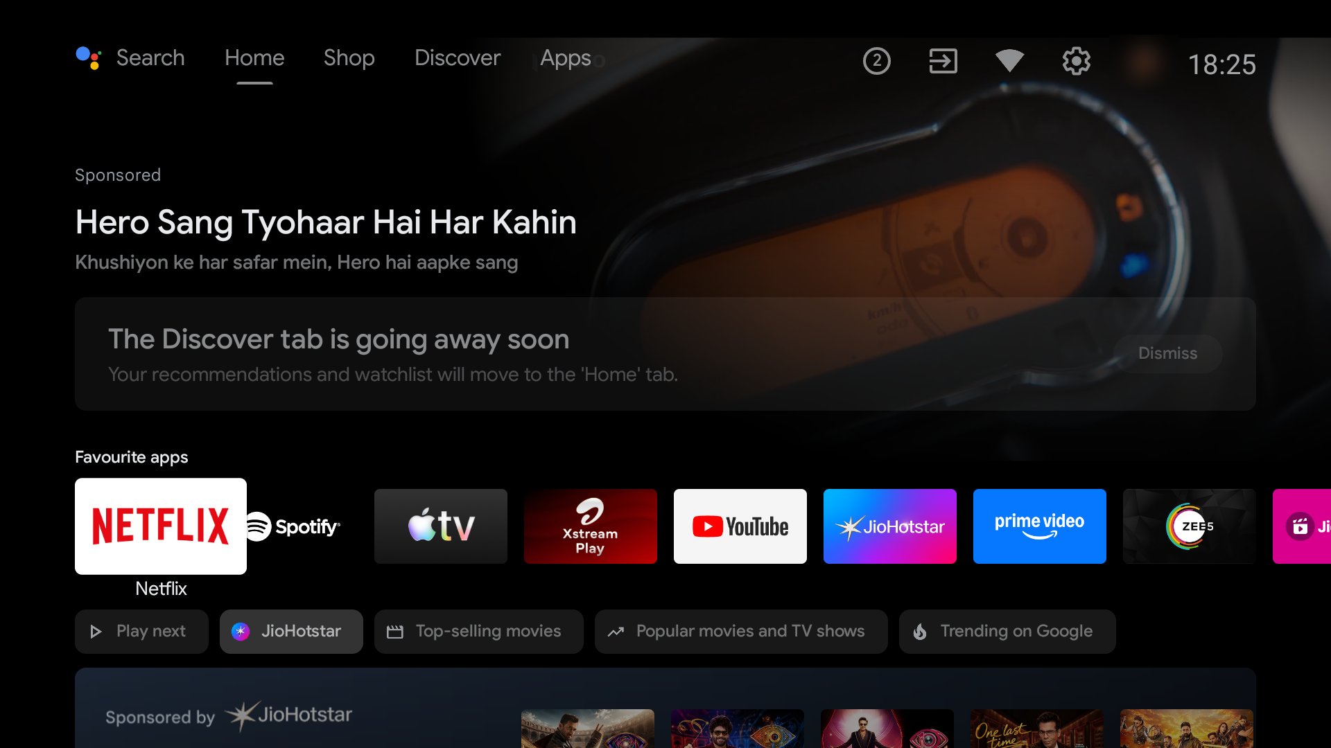 Before: the Google TV home screen with a sponsored Hero banner at the top and a Sponsored by JioHotstar row at the bottom.