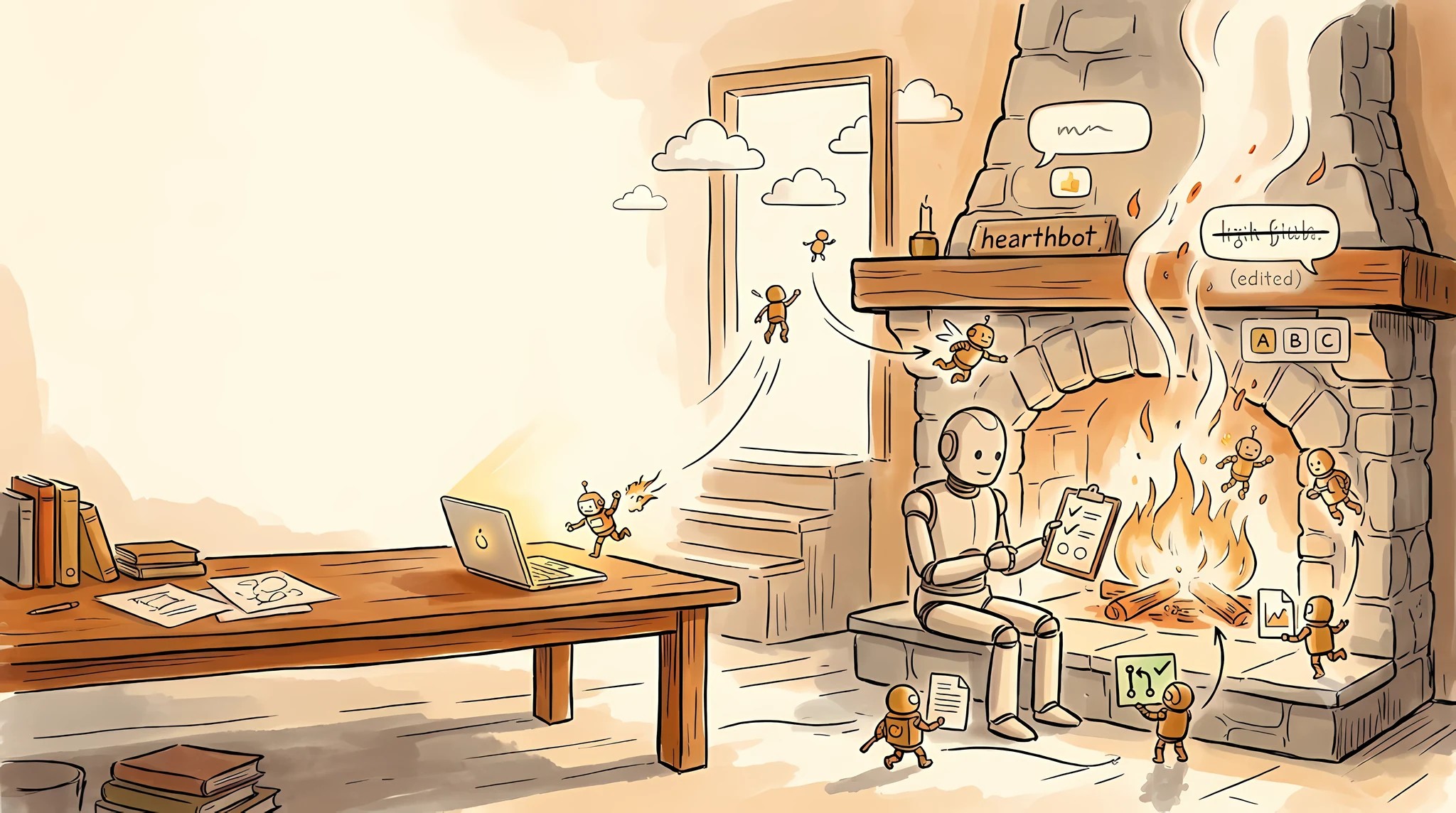 Hand-drawn illustration of a stone fireplace. A robot sits by the fire with a clipboard checklist while worker robots fly out to the cloud and into a laptop and come back with finished work. Above the fire: a hearthbot nameplate, an (edited) message, a thumbs-up reaction and an A/B/C decision card.