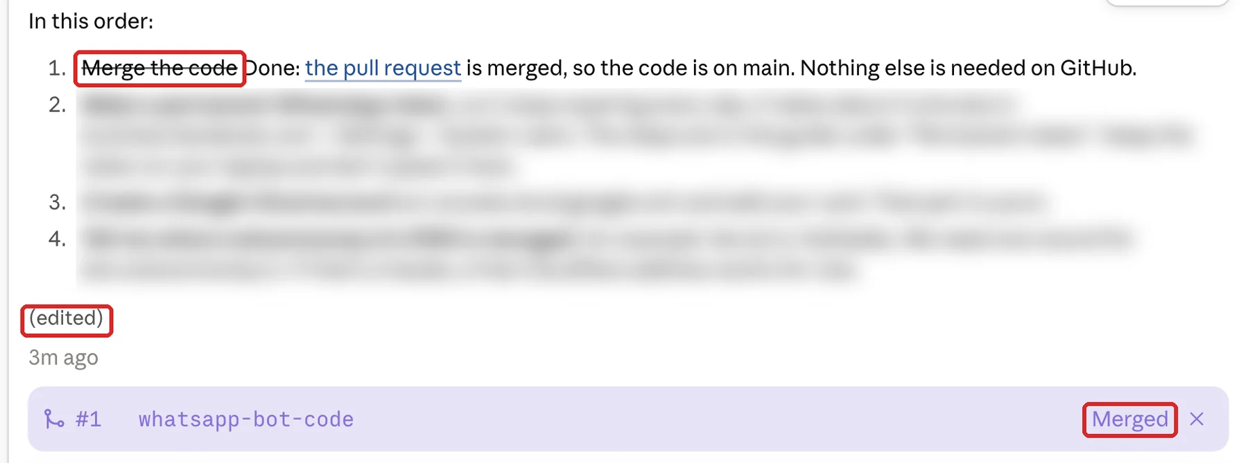 Claude's four-step list in a Claude Code project. Step 1, Merge the code, is struck through and marked done. The message is marked (edited).