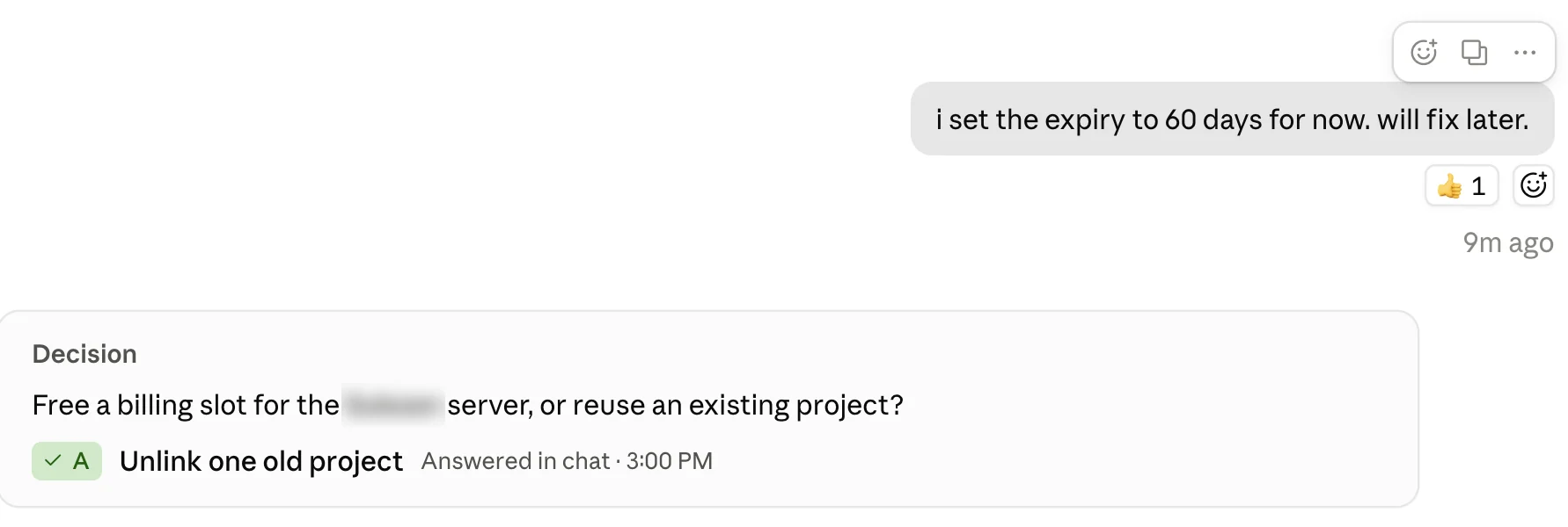 A user message with a thumbs-up reaction from Claude, and below it a Decision card with options, answered in chat.