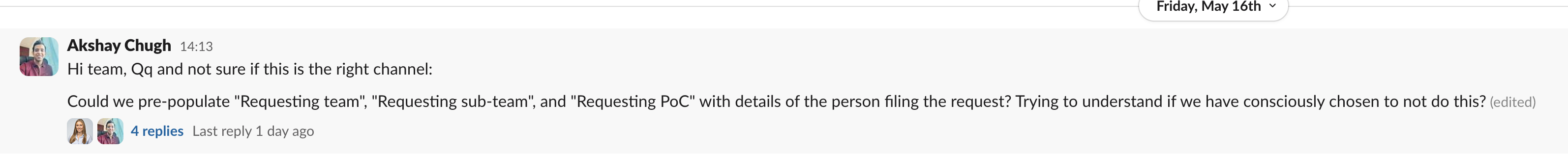 Slack conversation about form improvement